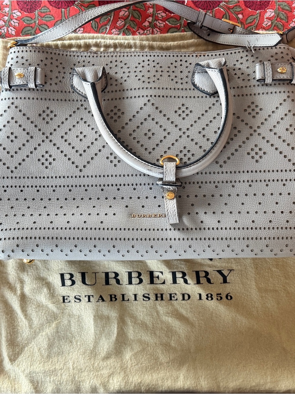 Burberry Light Gray Perforated Leather Satchel with Gold Hardware